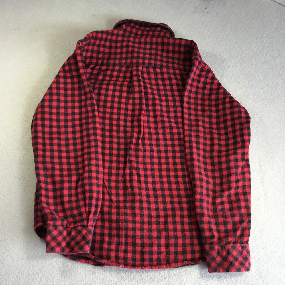 LL Bean Boys Red Black Buffalo Plaid Flannel Snap Shirt M 10-12 509321